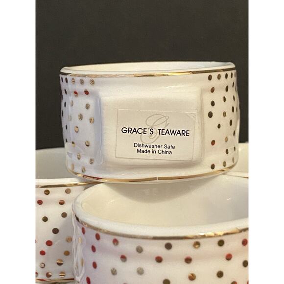 Grace's Teaware White Porcelain Napkin Rings With Gold Polka Dots - Set of 8 - Picture 3 of 8